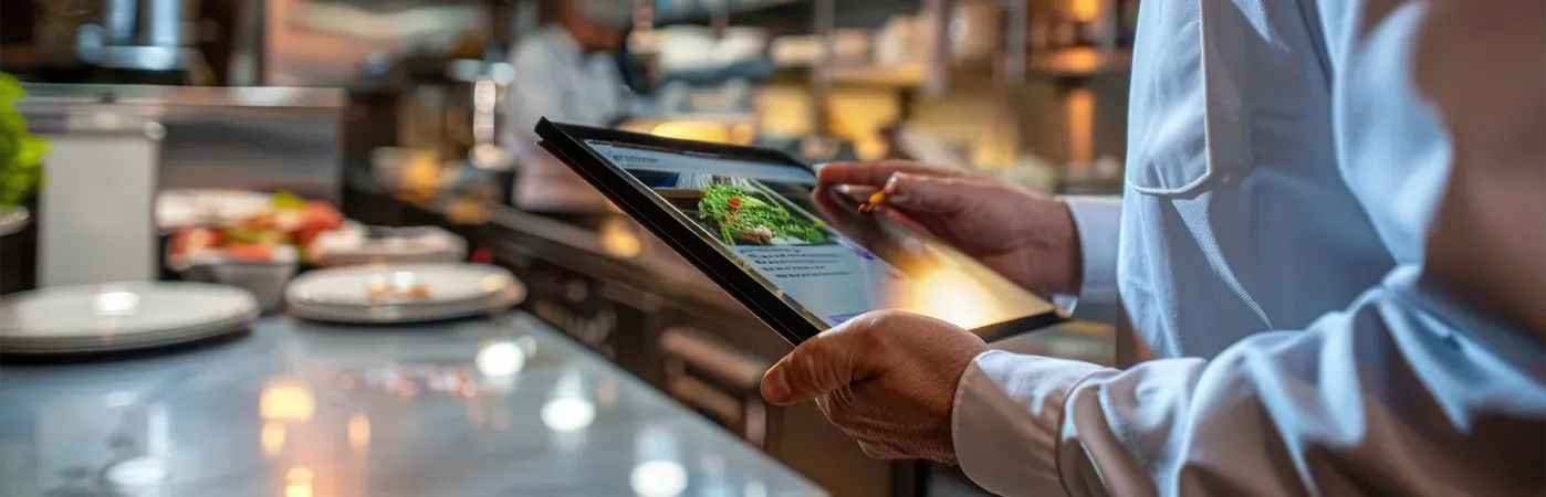 Tablet mit digitalem Formular an der Hotelrezeption
