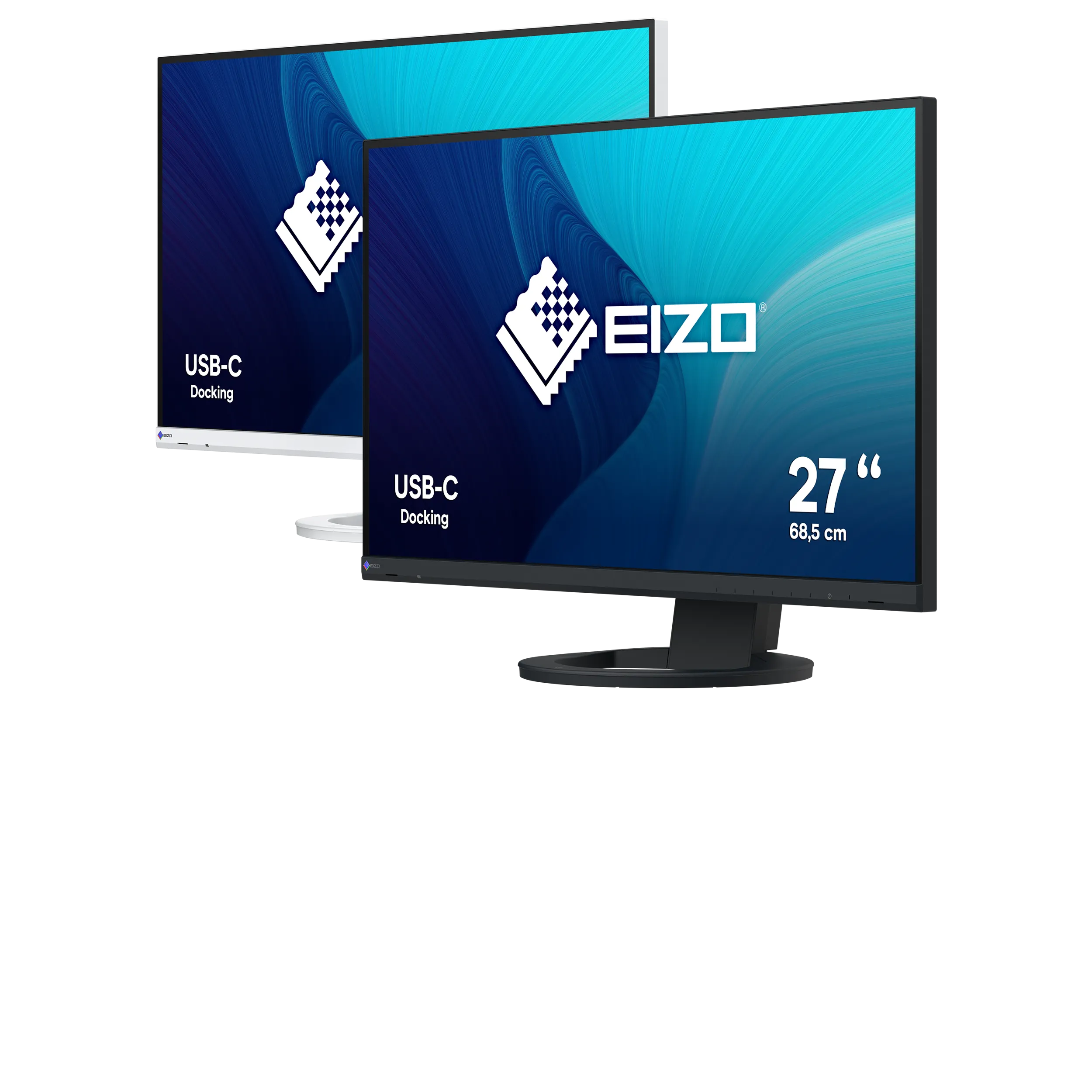 EIZO FlexScan EV2720S mit 27 Zoll (68,5 cm), 2.560 × 1.440 (WQHD) und USB-C-Docking inkl. 70 W Power Delivery. Produktfoto der in Schwarz und Weiß.