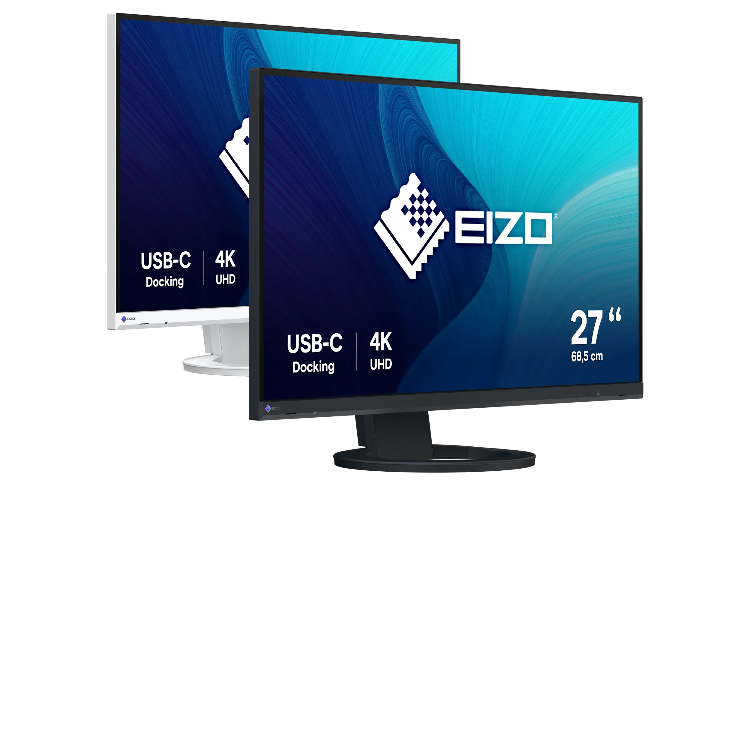 EIZO FlexScan EV2740S mit 27 Zoll (68,5 cm), 3.840 × 2.160 (4K UHD) und USB-C-Docking inkl. 70 W Power Delivery. Produktfoto der in Schwarz und Weiß.