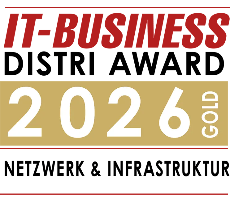 IT-Distri-Award 2026 Gold – Netzwerk-und-Infrastruktur. IT-Business Distri Award Badge.