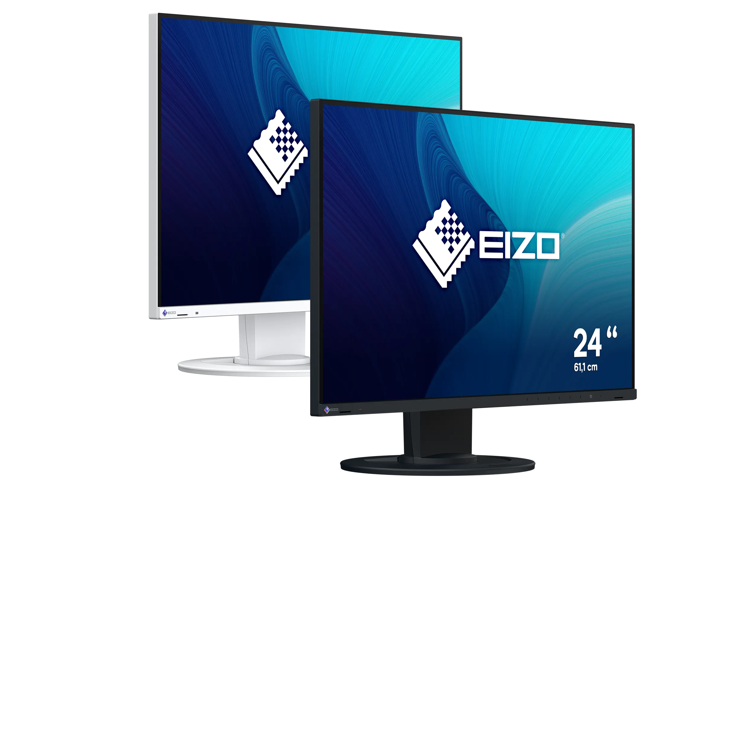 EIZO FlexScan EV2410R mit 24,1 Zoll (61,1 cm), 1.920 × 1.200 (WUXGA) und USB-Hub mit 4 USB A-Ports. Produktfoto der in Schwarz und Weiß.