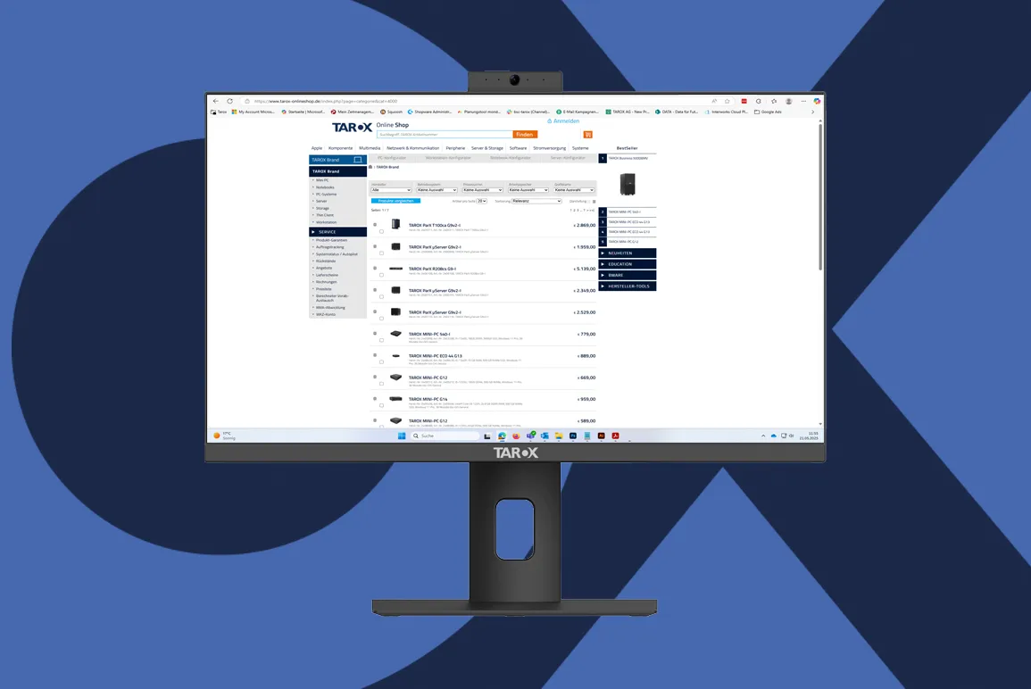 Der TAROX Onlineshop – mit einer großen Auswahl an Produkten, Software und mehr. Der TAROX Onlineshop – mit einer großen Auswahl an Produkten, Software und mehr. Ein Monitor zeigt die Oberfläche des TAROX Onlineshops.