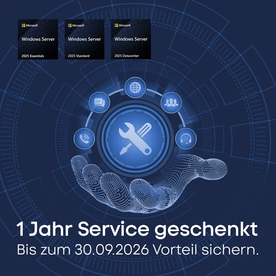Bis zum 30.09.2026 erhalten Sie 1 Jahr Vor-Ort-Service kostenlos bei TAROX Server-Modellen, die mit AMD EPYC™ CPUs konfiguriert sind. Gerenderte Grafik einer offenen Hand, mit Service Icons auf dunkelblauem Hintergrund.