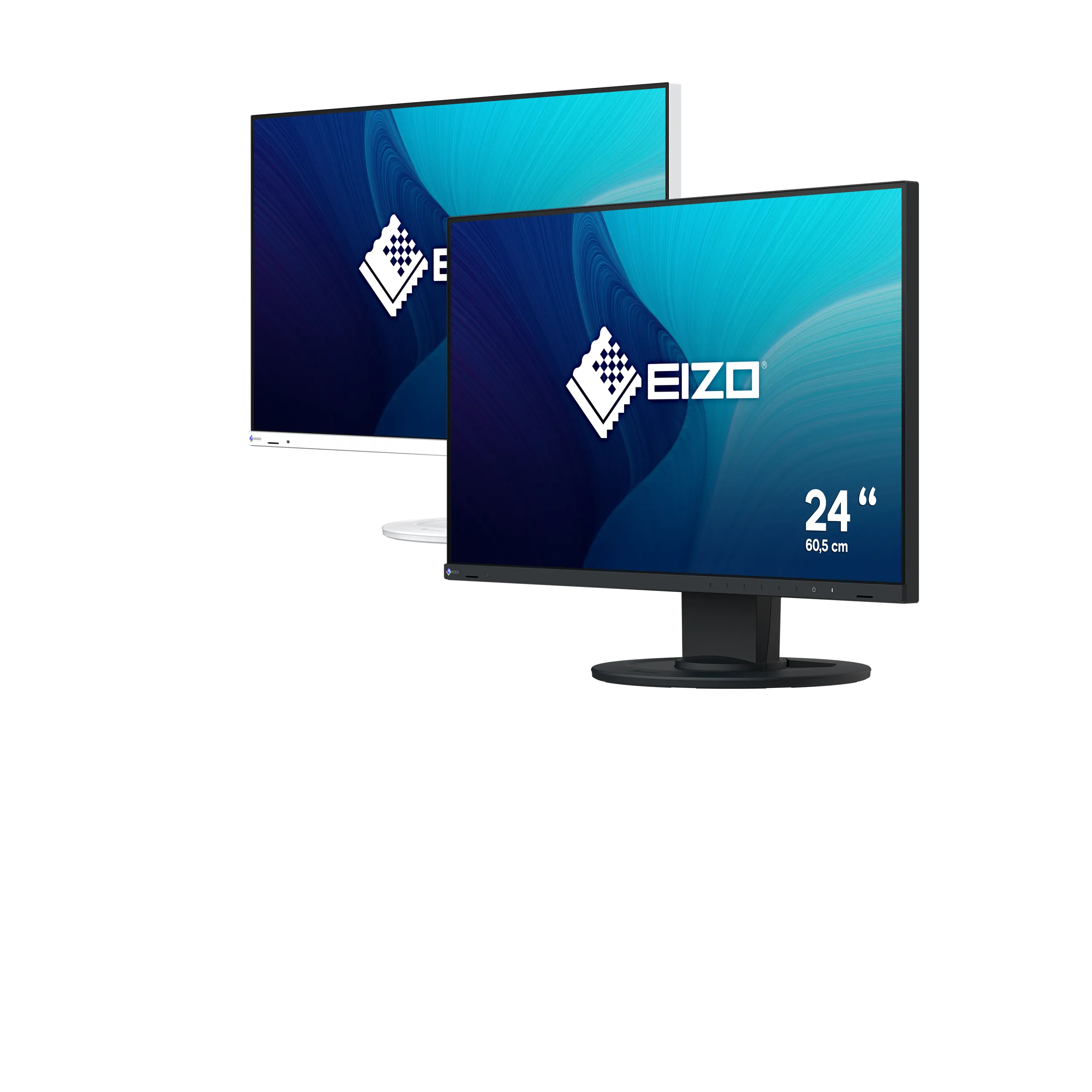 EIZO FlexScan EV2400R mit 23,8 Zoll (60,5 cm), 1.9020 × 1.080 (Full HD) und USB-Hub mit 4 USB A-Ports. Produktfoto der in Schwarz und Weiß.