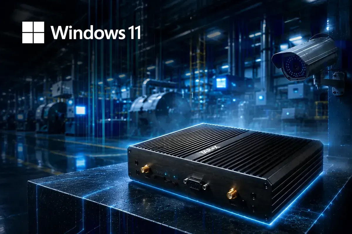 TAROX Endurance Edge-AI, wahlweise mit Windows 11 und bis zu 34 TOPS integrierter KI-Leistung. Visual des Geräts, das auf einem Podest in einer Industrieumgebung steht mit diversen Beleuchtungseffekten.