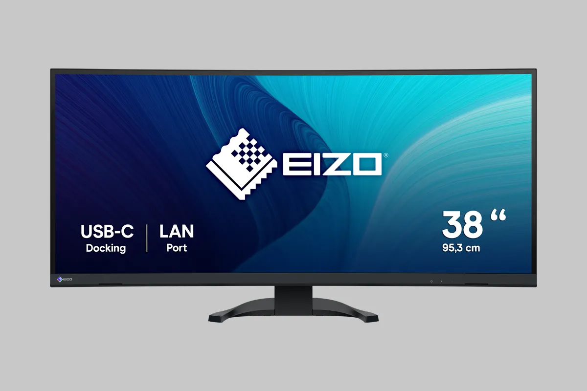 NEU: EIZO FlexScan EV3851X mit 37,5 Zoll (95,3 cm), 3.840 × 1.600 (UWQHD+) und USB-C-Docking inkl. 2,5 GbE-LAN und 94 W Power Delivery. Produktfoto Frontansicht in Schwarz.
