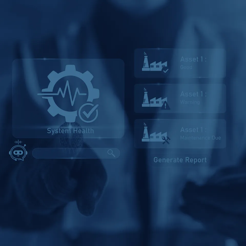 Maschinen senden Zustandsdaten. Der TAROX Endurance Edge‑AI analysiert sie vor Ort und erkennt Probleme früh, bevor Ausfälle entstehen. Diverse Icons über den System-Status mit einem dunkelblauem Overlay.